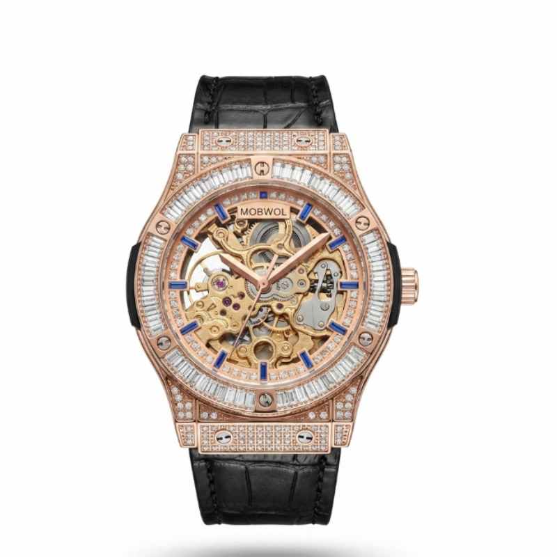 Luxury Watch With Rubber Strap - Relógio mecânico esqueleto dourado rosa MOBWOL,